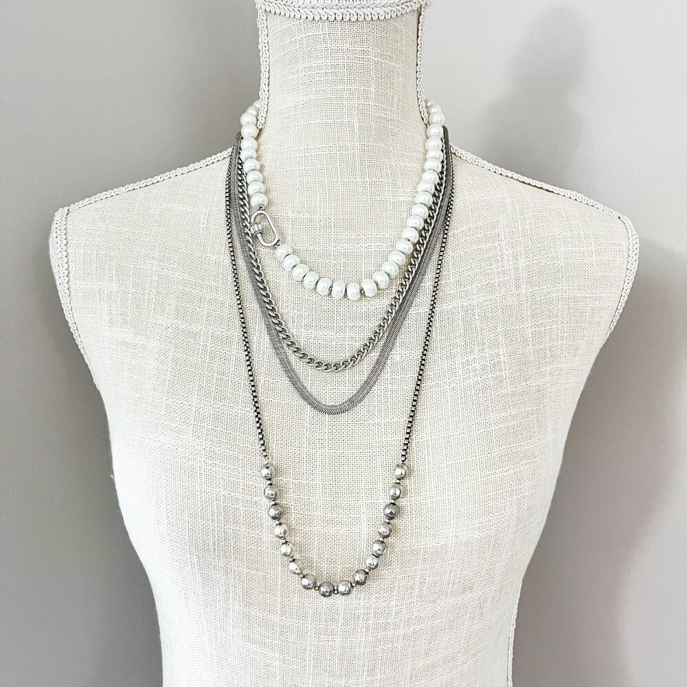 NEW Chico's Silver Chain & Faux Pearl Convertible Layered Necklace